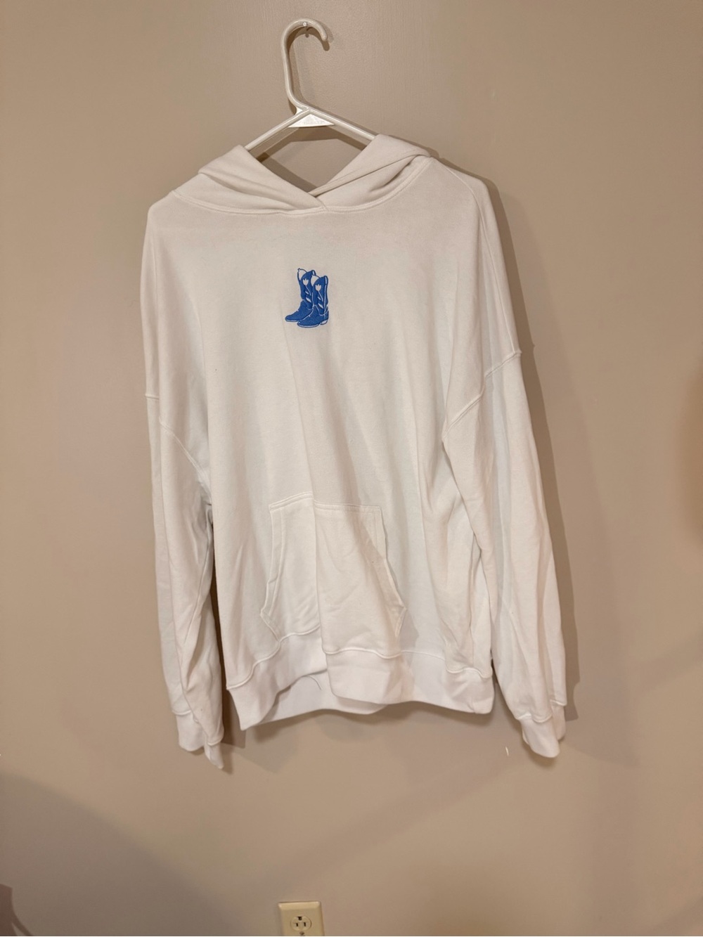 Hollister White Crewneck Hoodie with Blue Boot Graphic
